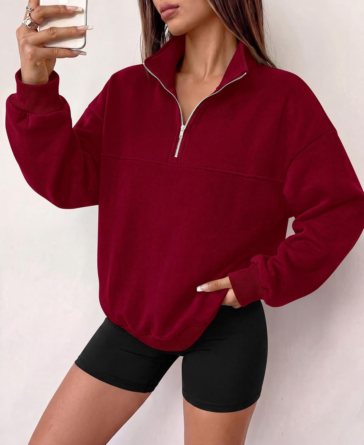 image:imagePRETTYGARDEN Womens Quarter Zip Fleece Pullover SweatshirtsBurgundy