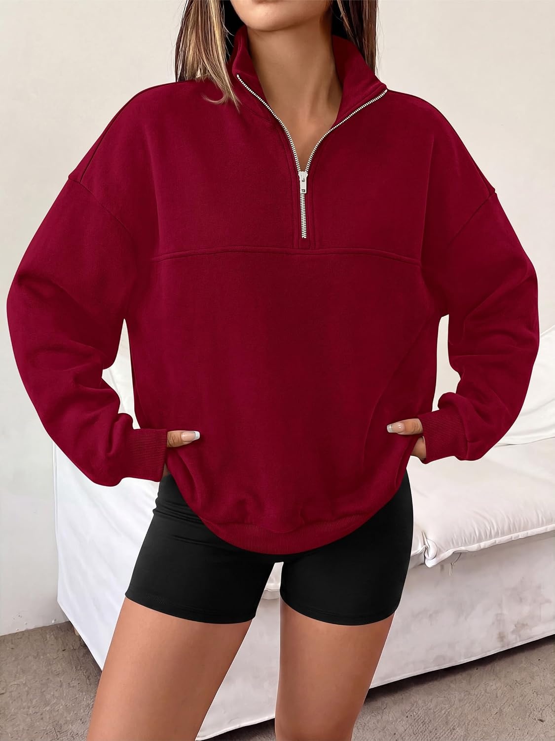 image:imagePRETTYGARDEN Womens Quarter Zip Fleece Pullover SweatshirtsBurgundy