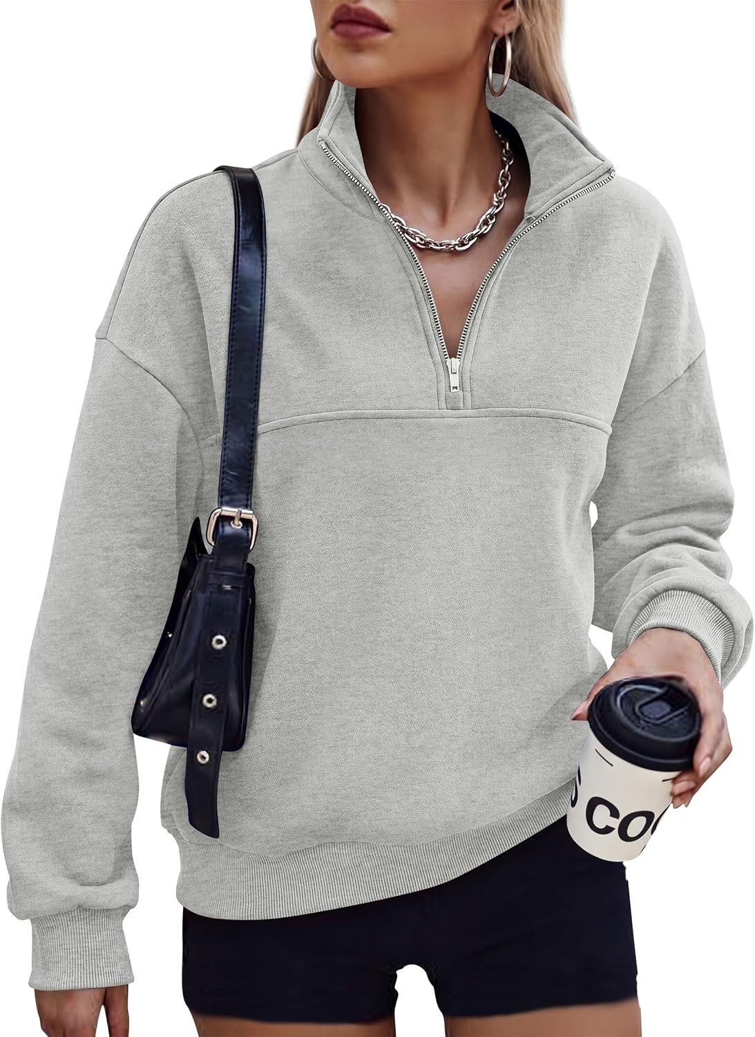 image:imagePRETTYGARDEN Womens Quarter Zip Fleece Pullover SweatshirtsGrey