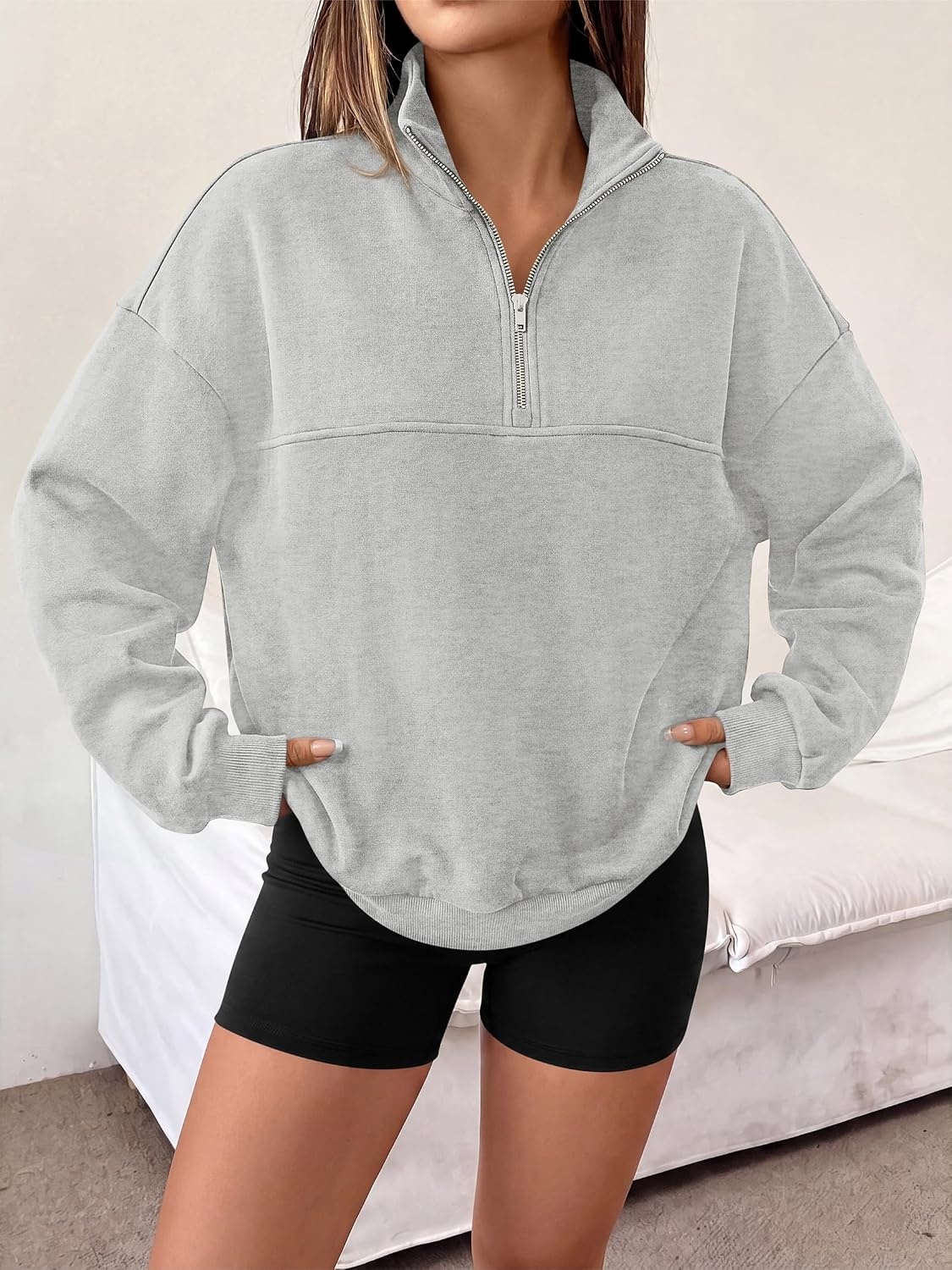 image:imagePRETTYGARDEN Womens Quarter Zip Fleece Pullover SweatshirtsGrey