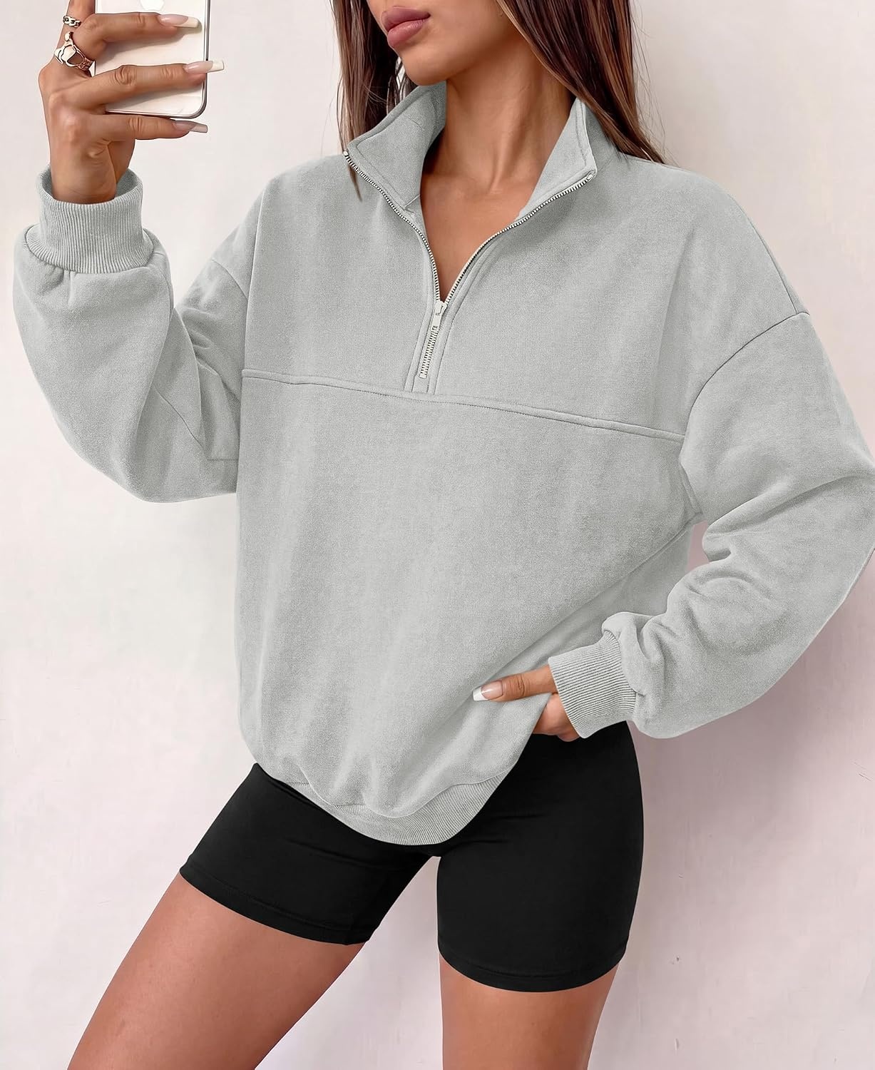 image:imagePRETTYGARDEN Womens Quarter Zip Fleece Pullover SweatshirtsGrey