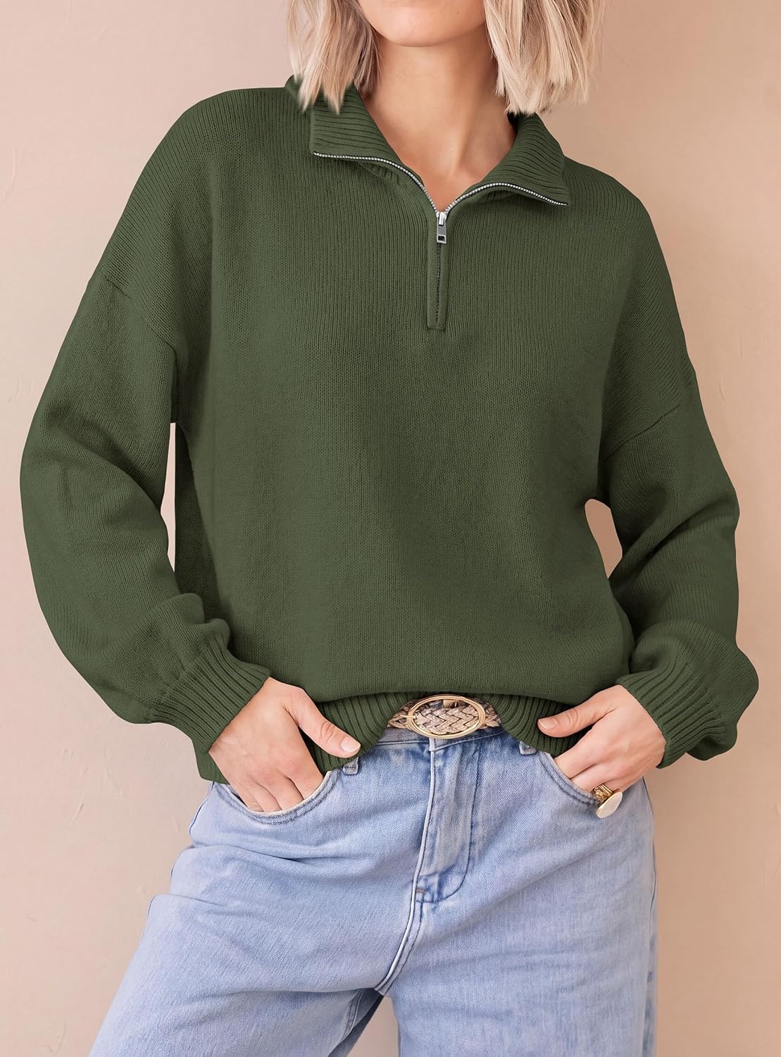 image:imagePRETTYGARDEN Womens Quarter Zip Pullover Oversized SweatersArmy Green