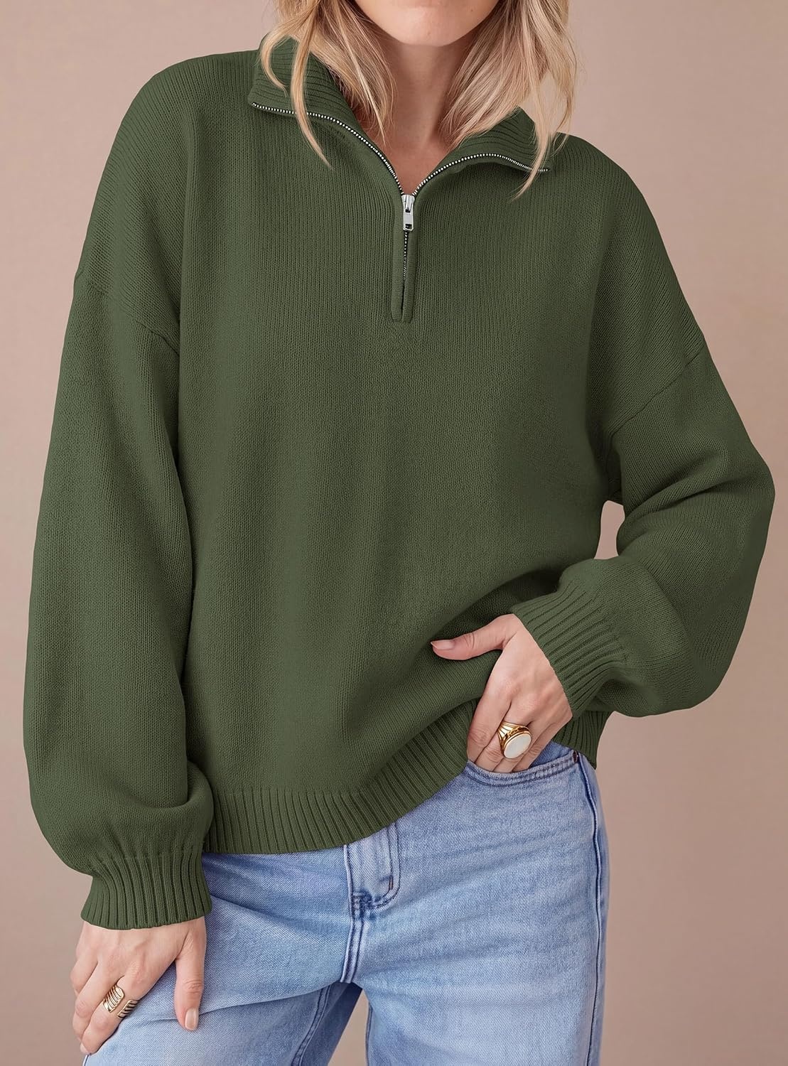 image:imagePRETTYGARDEN Womens Quarter Zip Pullover Oversized SweatersArmy Green