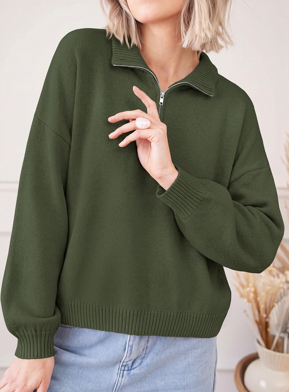 image:imagePRETTYGARDEN Womens Quarter Zip Pullover Oversized SweatersArmy Green