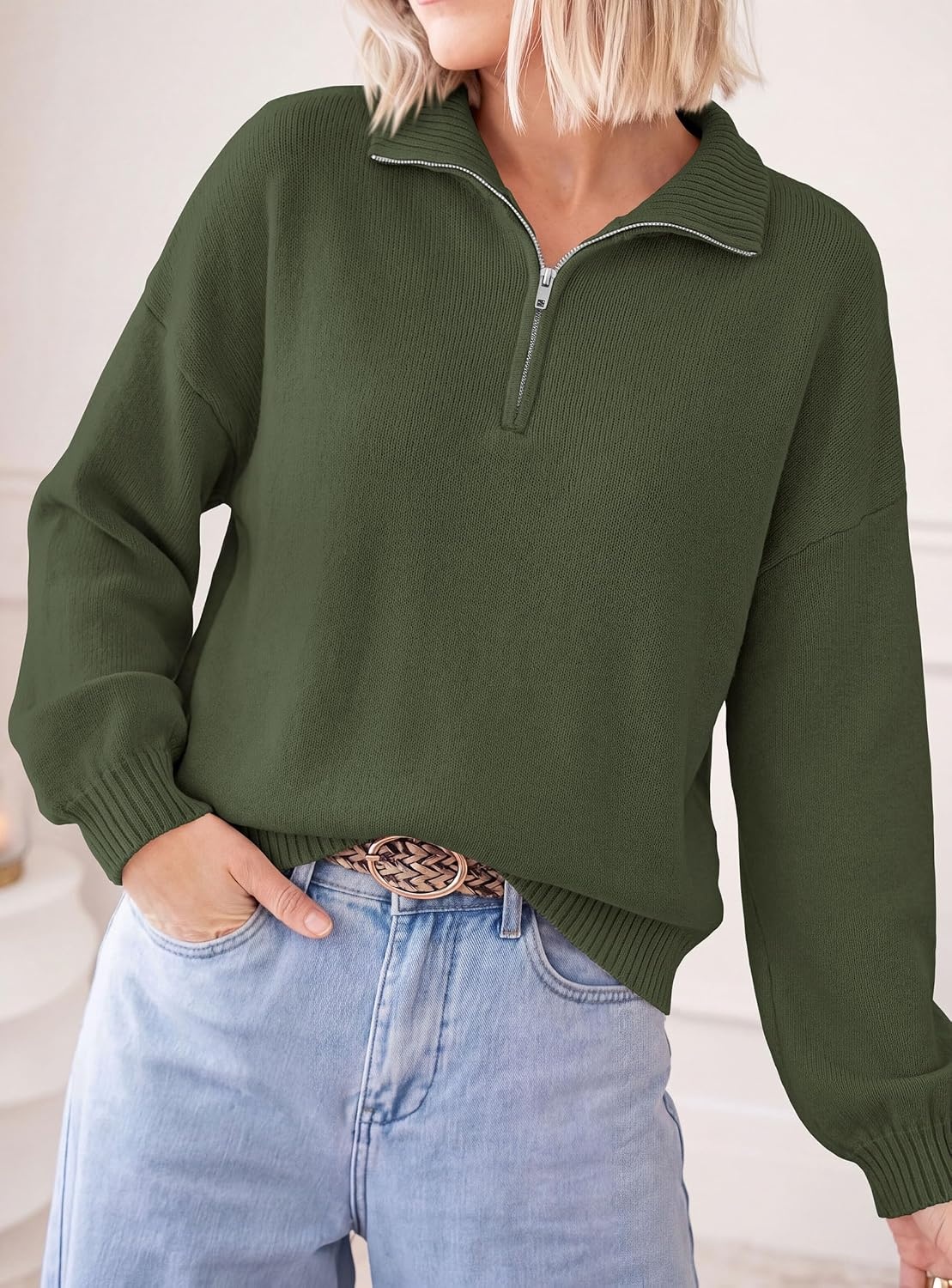 image:imagePRETTYGARDEN Womens Quarter Zip Pullover Oversized SweatersArmy Green