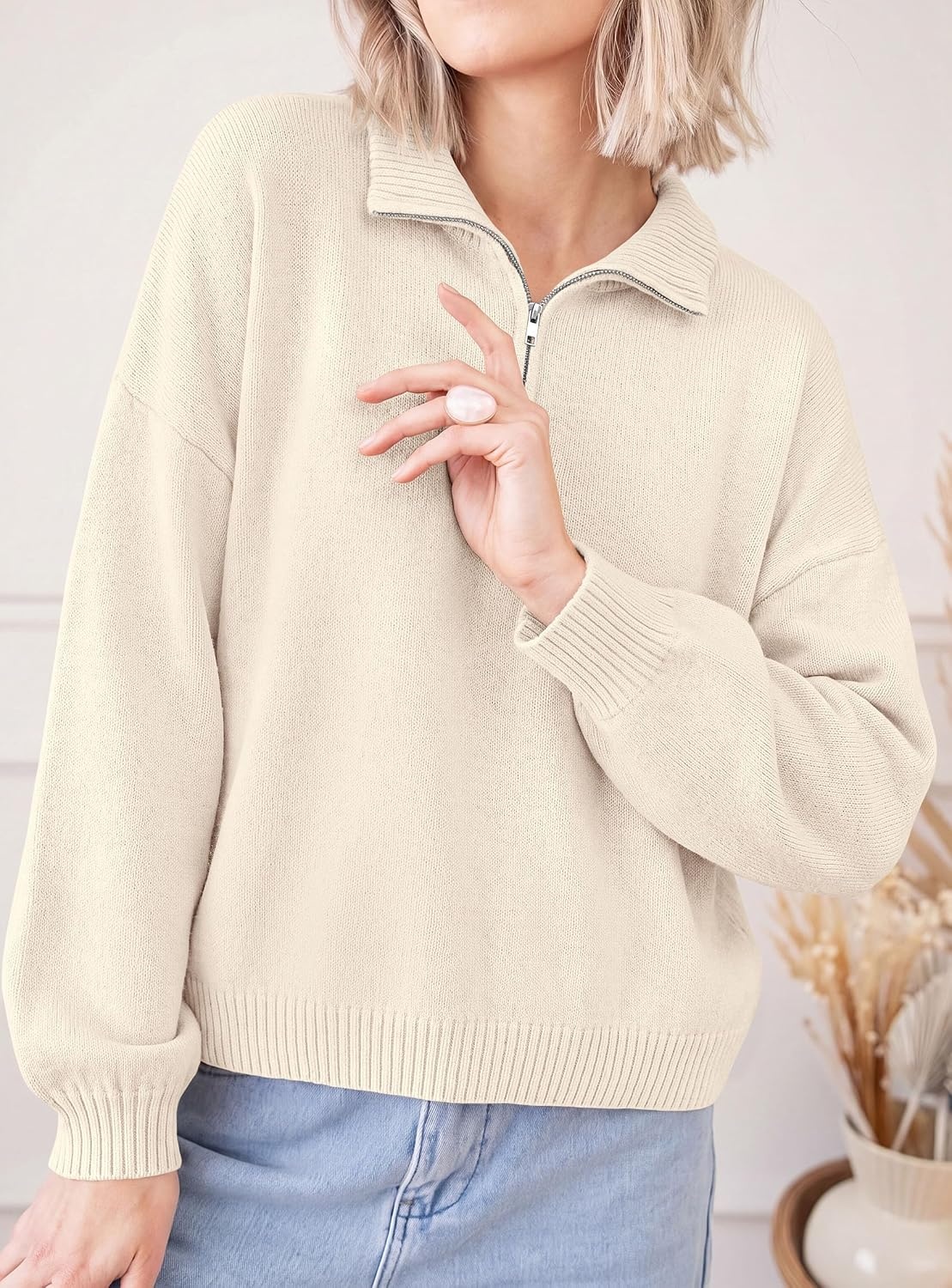 image:imagePRETTYGARDEN Womens Quarter Zip Pullover Oversized SweatersBeige