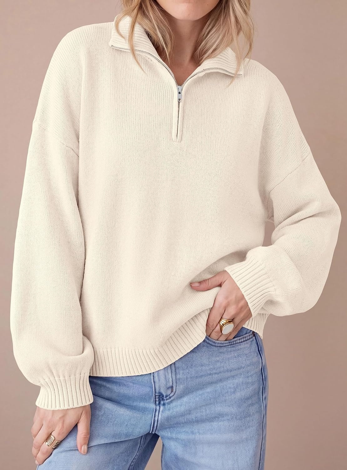 image:imagePRETTYGARDEN Womens Quarter Zip Pullover Oversized SweatersBeige