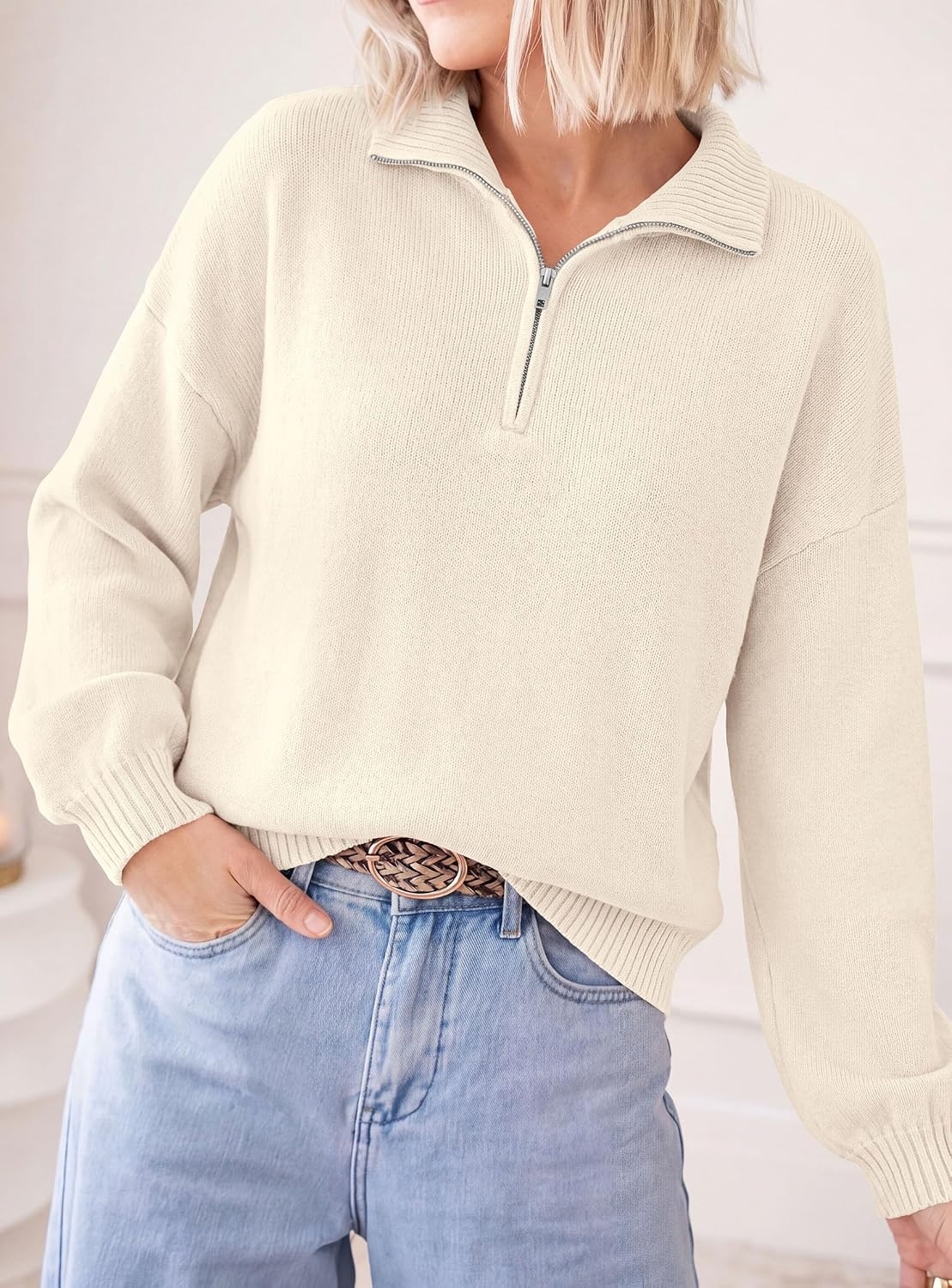 image:imagePRETTYGARDEN Womens Quarter Zip Pullover Oversized SweatersBeige