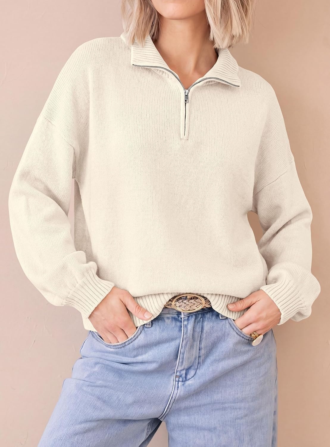 image:imagePRETTYGARDEN Womens Quarter Zip Pullover Oversized SweatersBeige