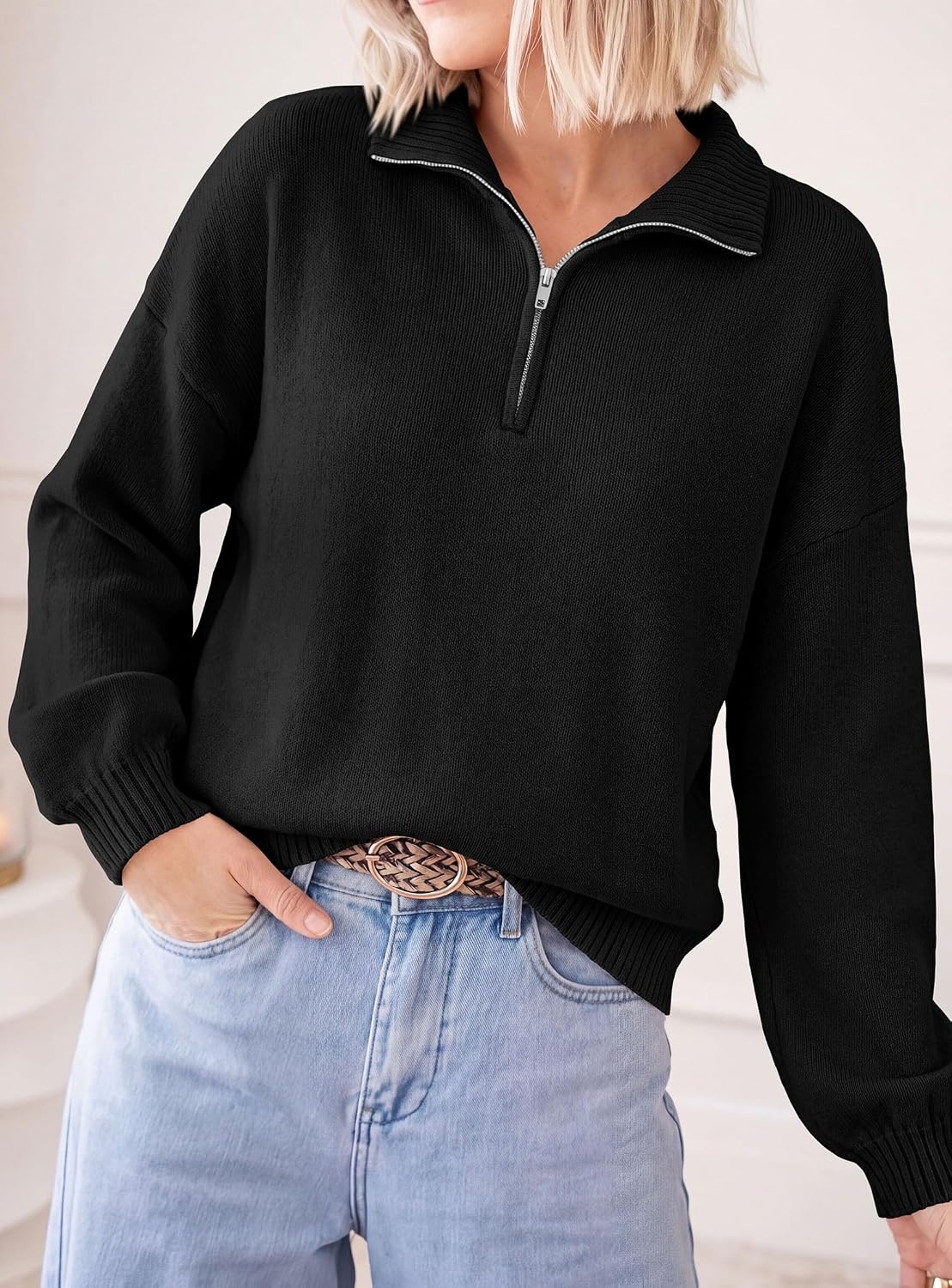 image:imagePRETTYGARDEN Womens Quarter Zip Pullover Oversized SweatersBlack