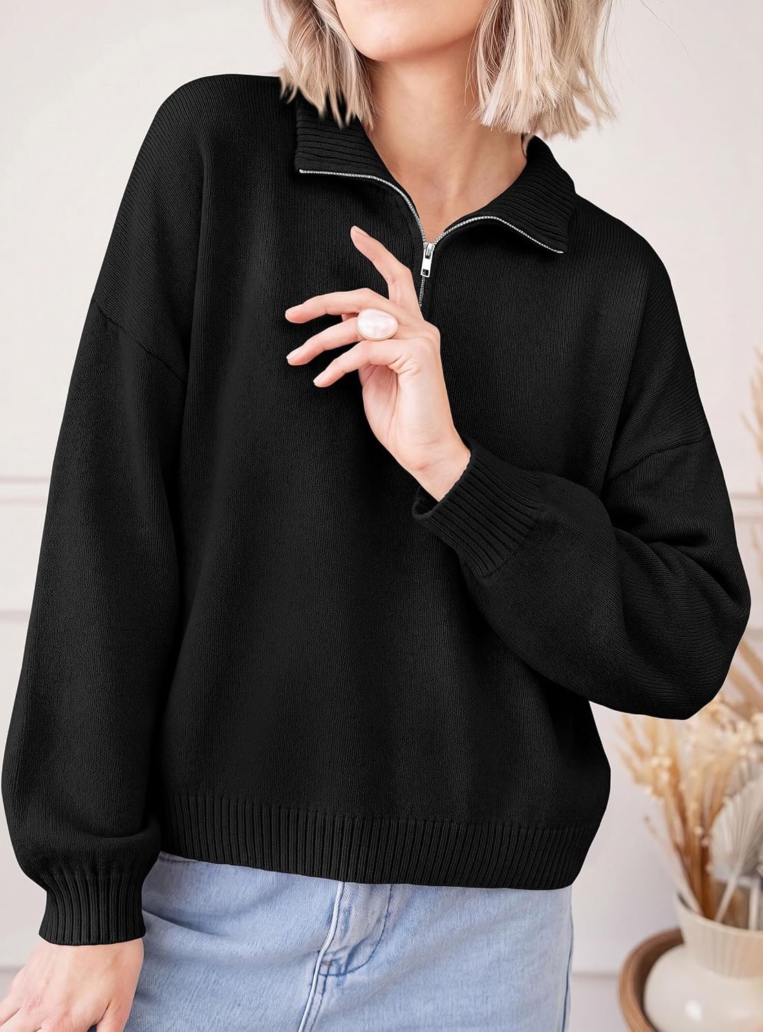 image:imagePRETTYGARDEN Womens Quarter Zip Pullover Oversized SweatersBlack