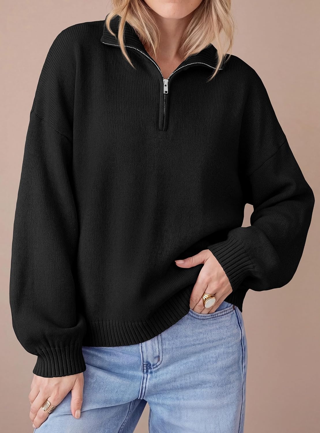 image:imagePRETTYGARDEN Womens Quarter Zip Pullover Oversized SweatersBlack