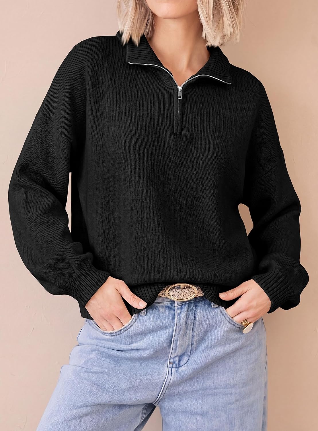 image:imagePRETTYGARDEN Womens Quarter Zip Pullover Oversized SweatersBlack
