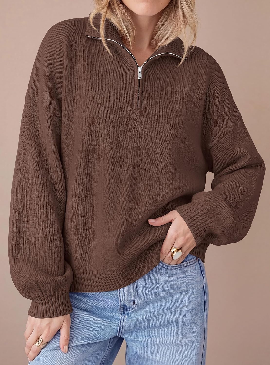 image:imagePRETTYGARDEN Womens Quarter Zip Pullover Oversized SweatersBrown