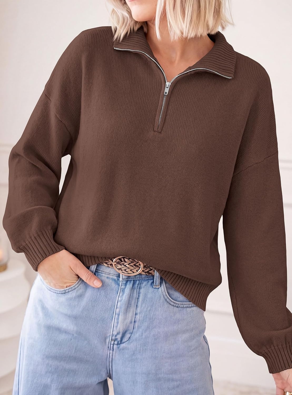 image:imagePRETTYGARDEN Womens Quarter Zip Pullover Oversized SweatersBrown