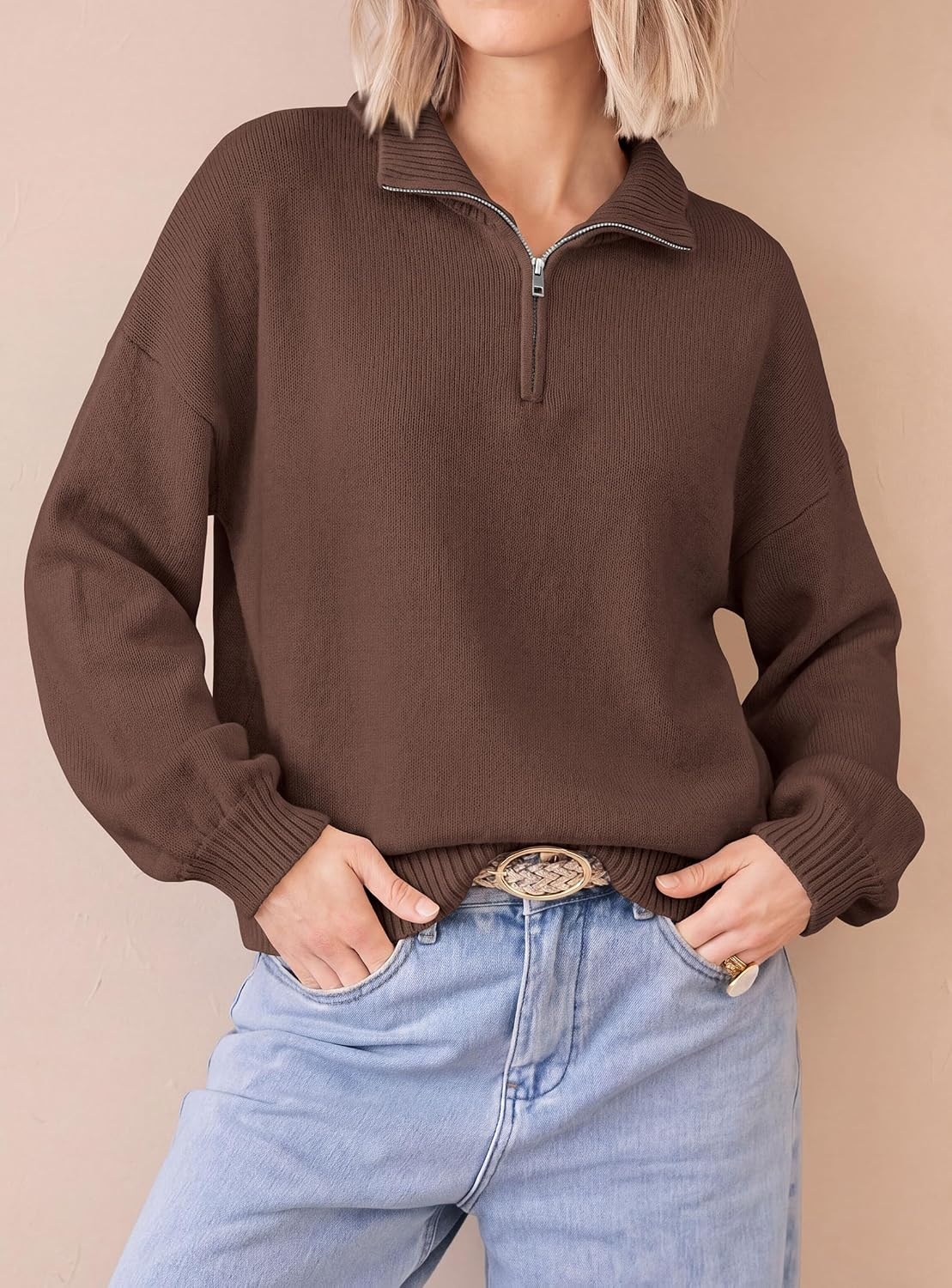 image:imagePRETTYGARDEN Womens Quarter Zip Pullover Oversized SweatersBrown