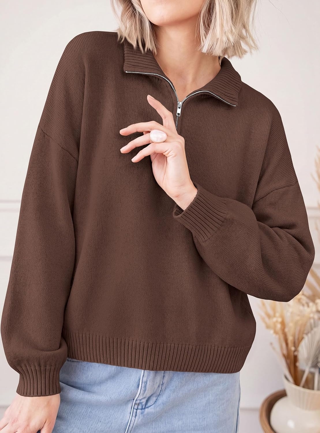image:imagePRETTYGARDEN Womens Quarter Zip Pullover Oversized SweatersBrown