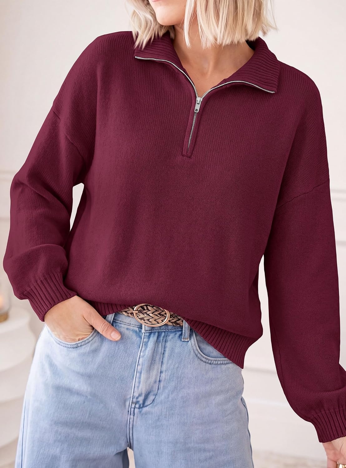 image:imagePRETTYGARDEN Womens Quarter Zip Pullover Oversized SweatersBurgundy