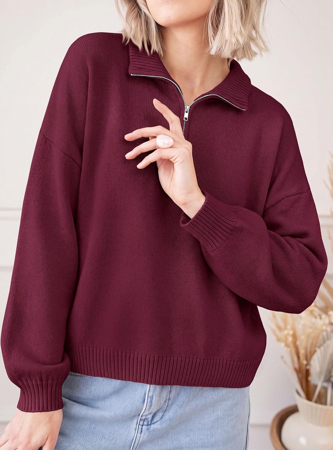 image:imagePRETTYGARDEN Womens Quarter Zip Pullover Oversized SweatersBurgundy