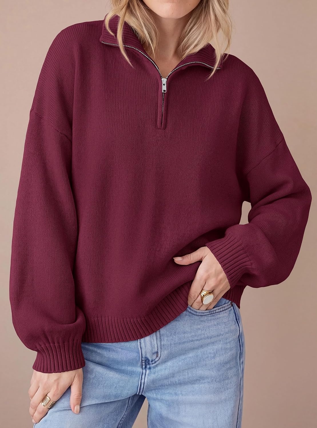 image:imagePRETTYGARDEN Womens Quarter Zip Pullover Oversized SweatersBurgundy