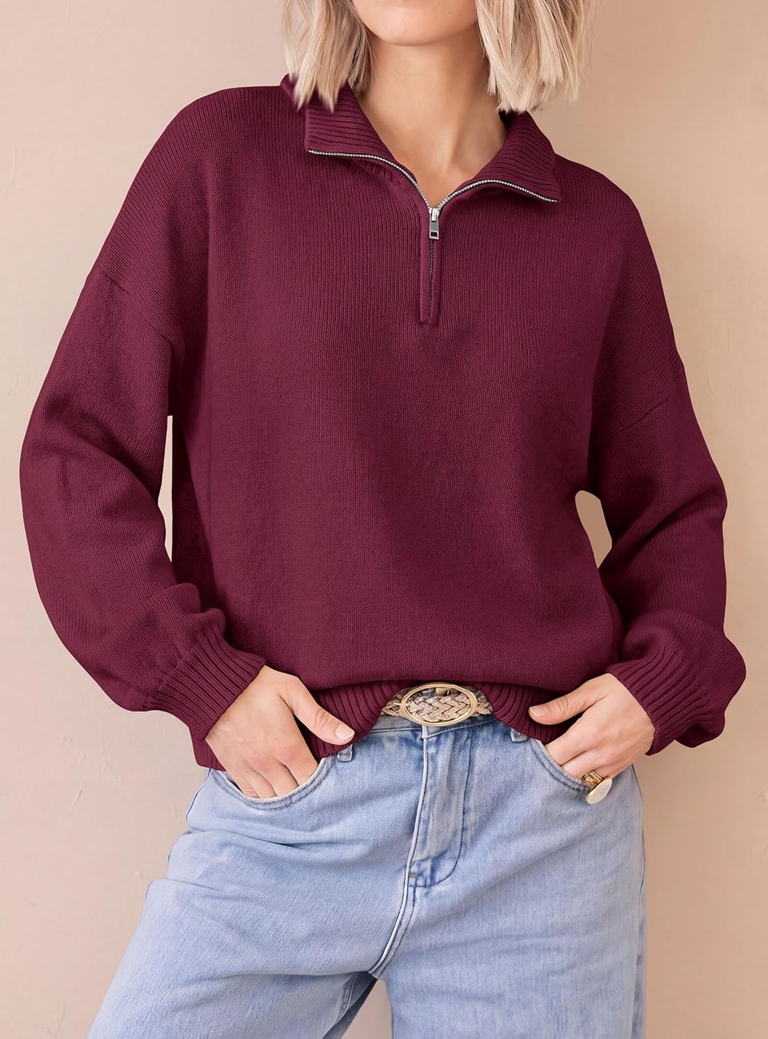 image:imagePRETTYGARDEN Womens Quarter Zip Pullover Oversized SweatersBurgundy