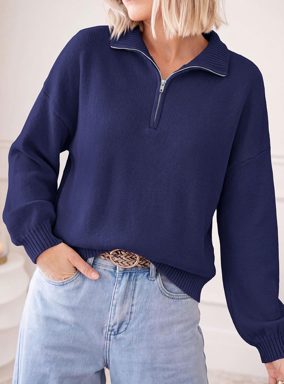 image:imagePRETTYGARDEN Womens Quarter Zip Pullover Oversized SweatersNavy Blue