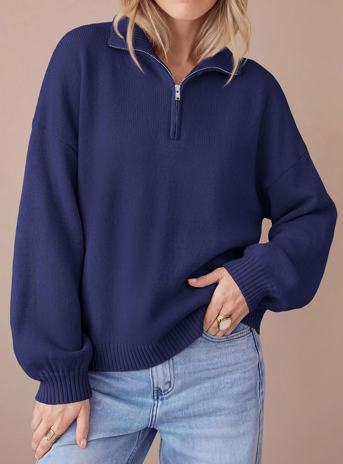 image:imagePRETTYGARDEN Womens Quarter Zip Pullover Oversized SweatersNavy Blue