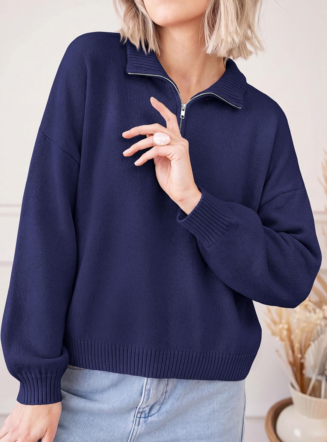 image:imagePRETTYGARDEN Womens Quarter Zip Pullover Oversized SweatersNavy Blue