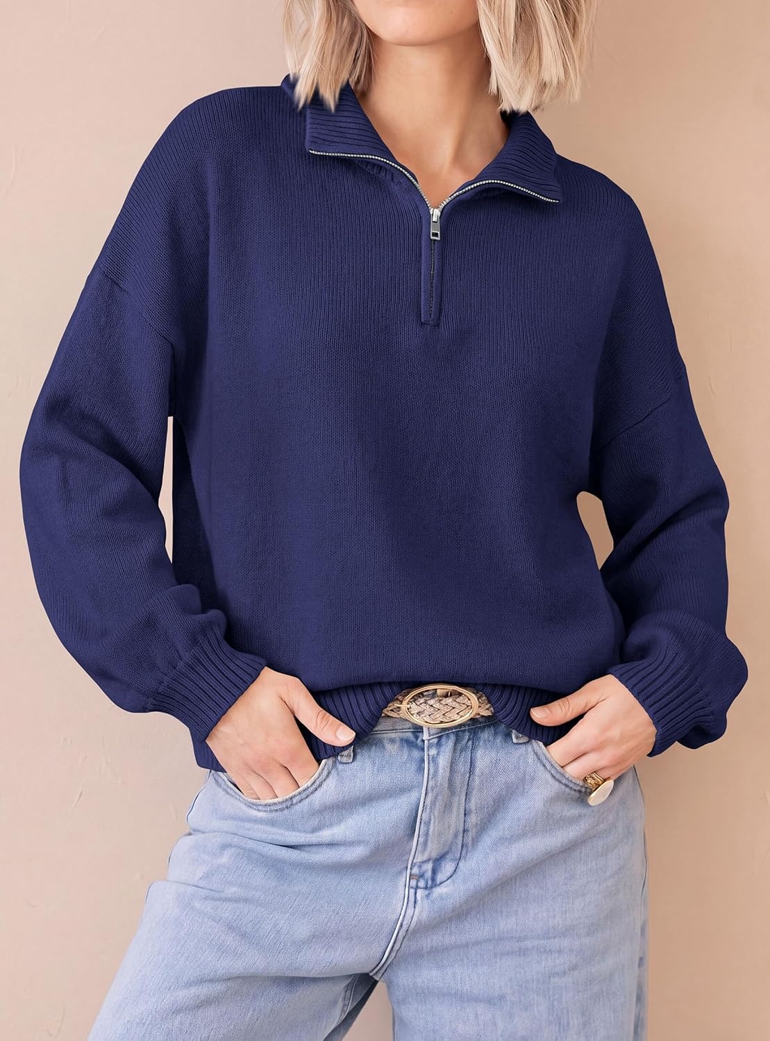 image:imagePRETTYGARDEN Womens Quarter Zip Pullover Oversized SweatersNavy Blue