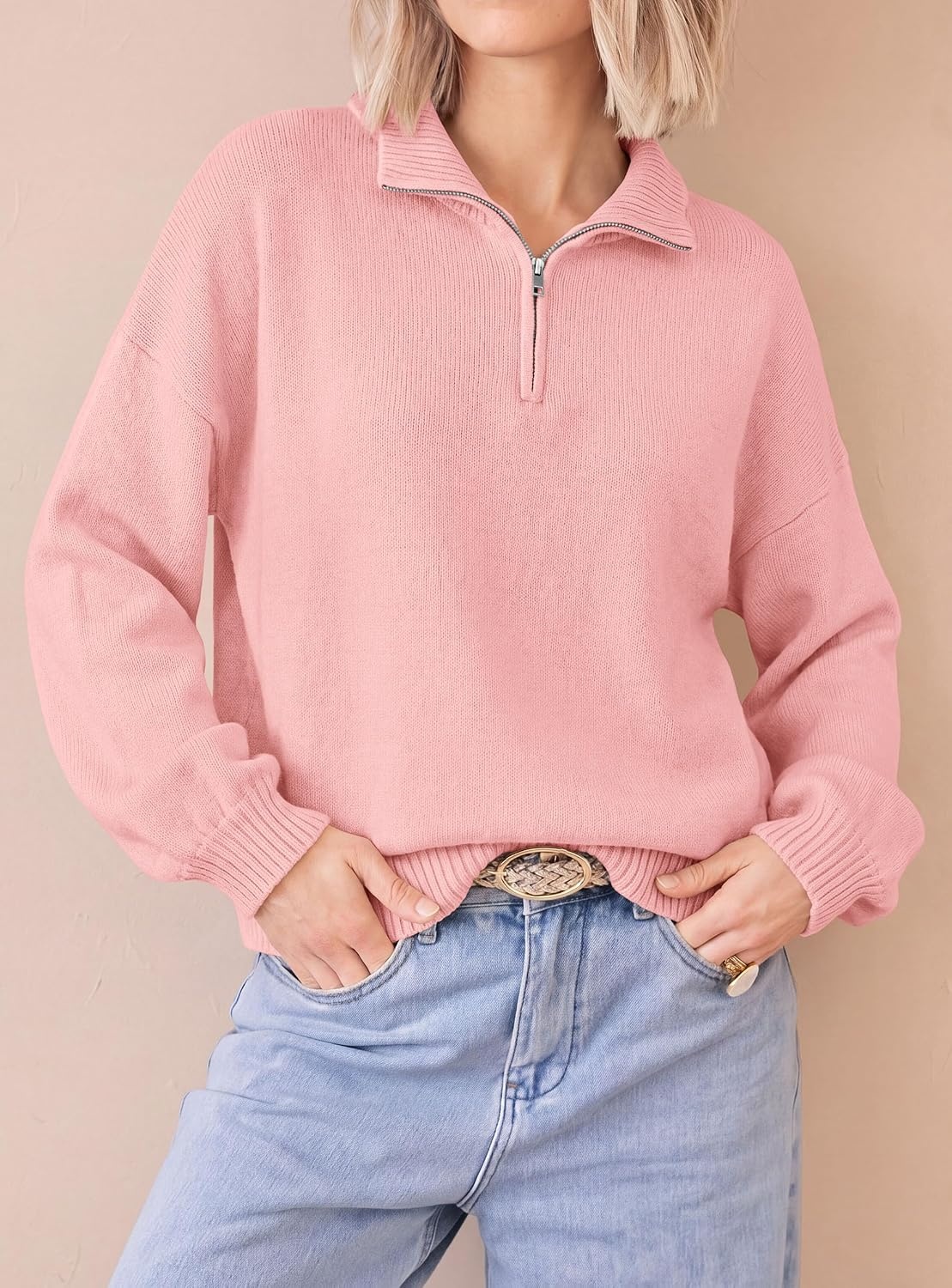 image:imagePRETTYGARDEN Womens Quarter Zip Pullover Oversized SweatersPink