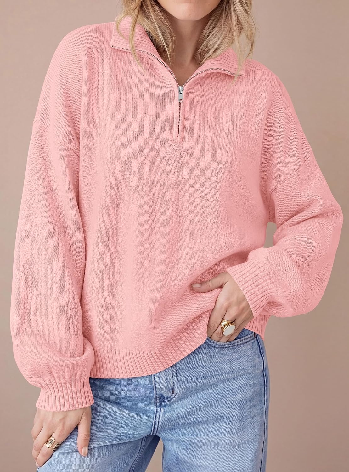 image:imagePRETTYGARDEN Womens Quarter Zip Pullover Oversized SweatersPink