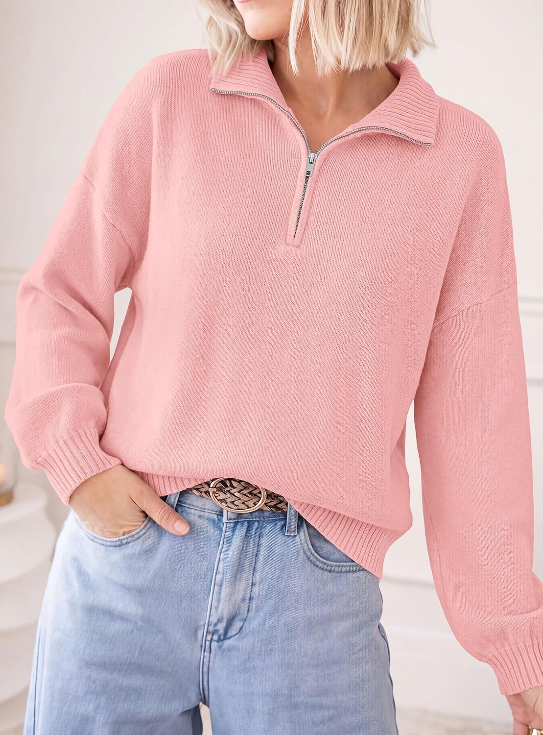 image:imagePRETTYGARDEN Womens Quarter Zip Pullover Oversized SweatersPink