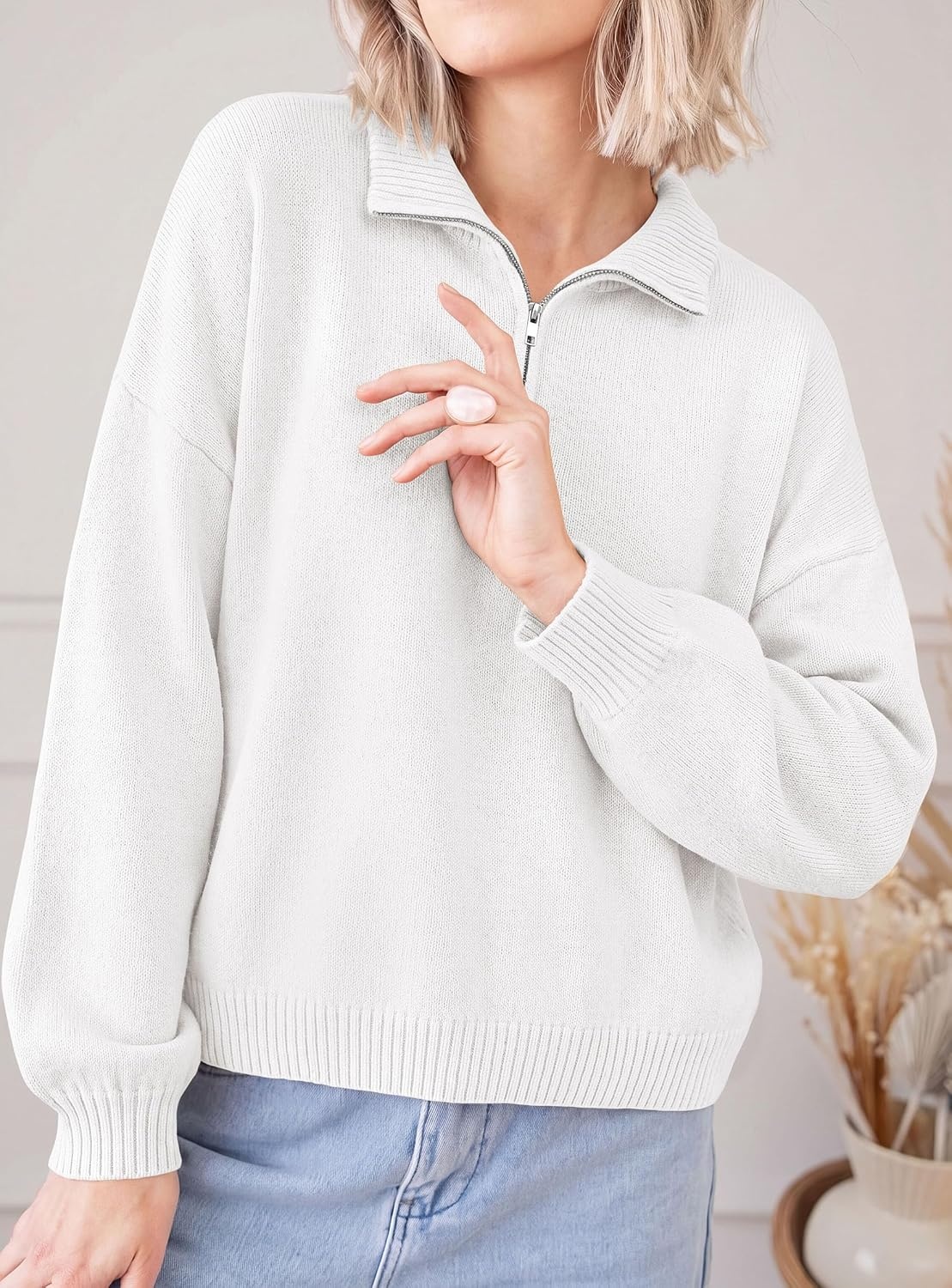image:imagePRETTYGARDEN Womens Quarter Zip Pullover Oversized SweatersWhite