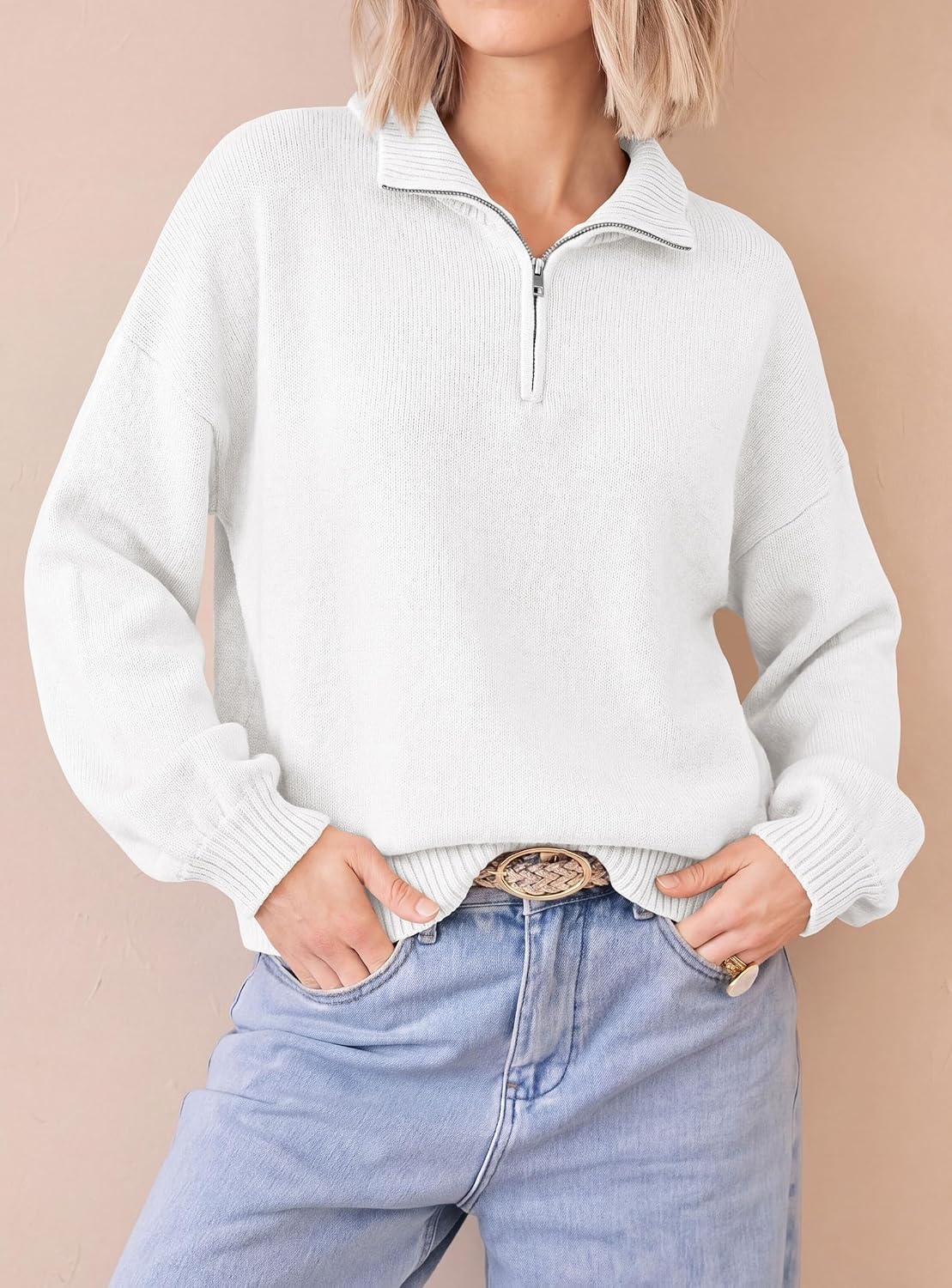 image:imagePRETTYGARDEN Womens Quarter Zip Pullover Oversized SweatersWhite