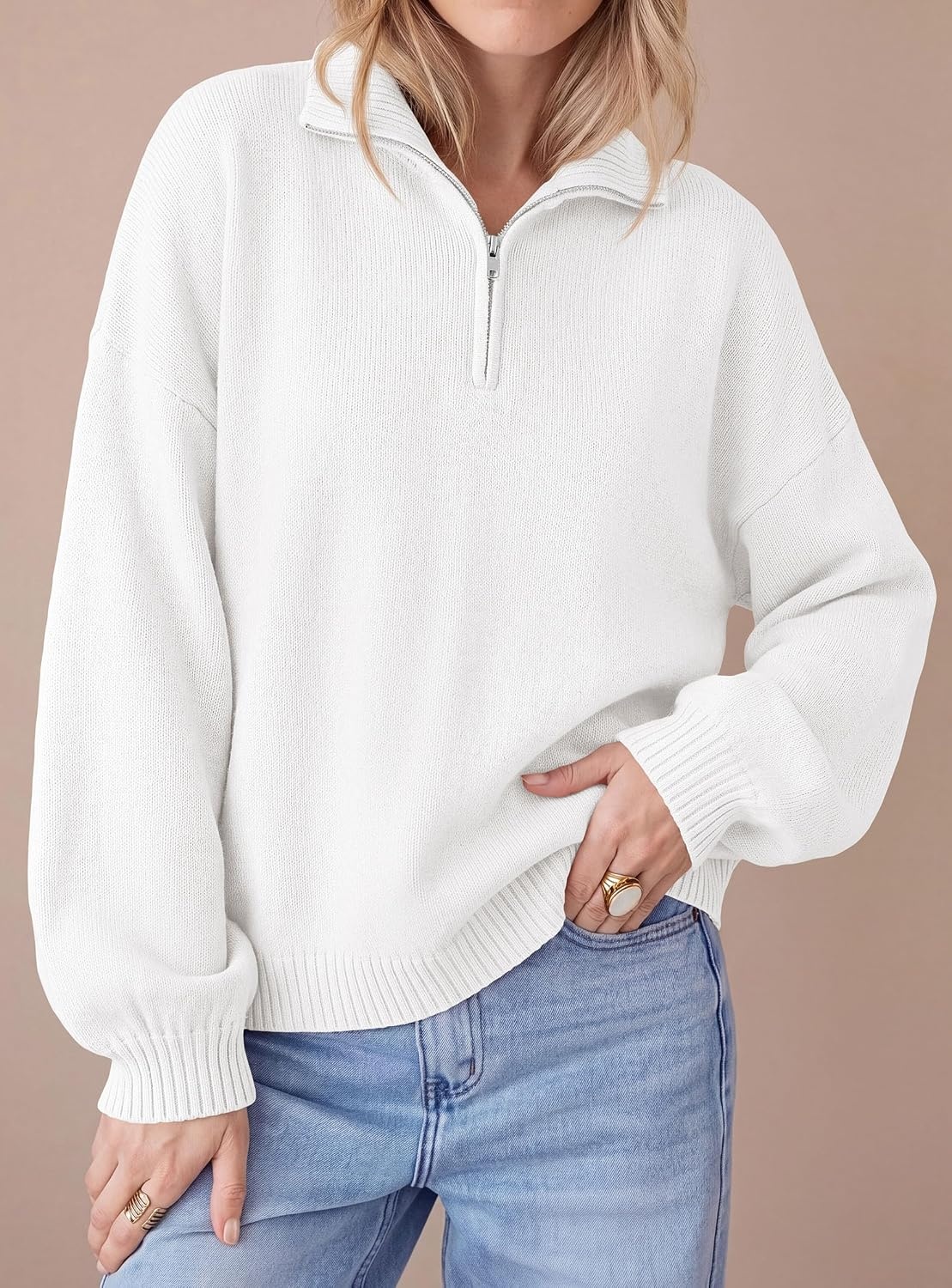 image:imagePRETTYGARDEN Womens Quarter Zip Pullover Oversized SweatersWhite