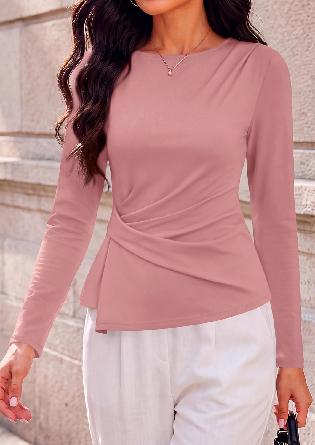 image:imagePRETTYGARDEN Womens Ruched Tops Casual Long Sleeve ShirtPink