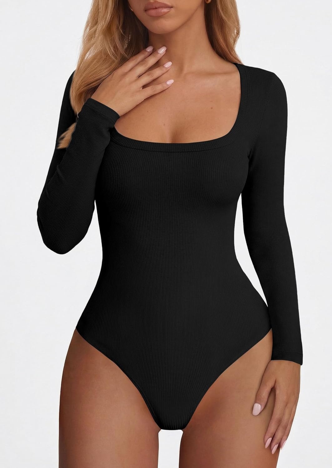 image:imagePRETTYGARDEN Womens Scoop Neck Bodysuits Long Sleeve TopsBlack