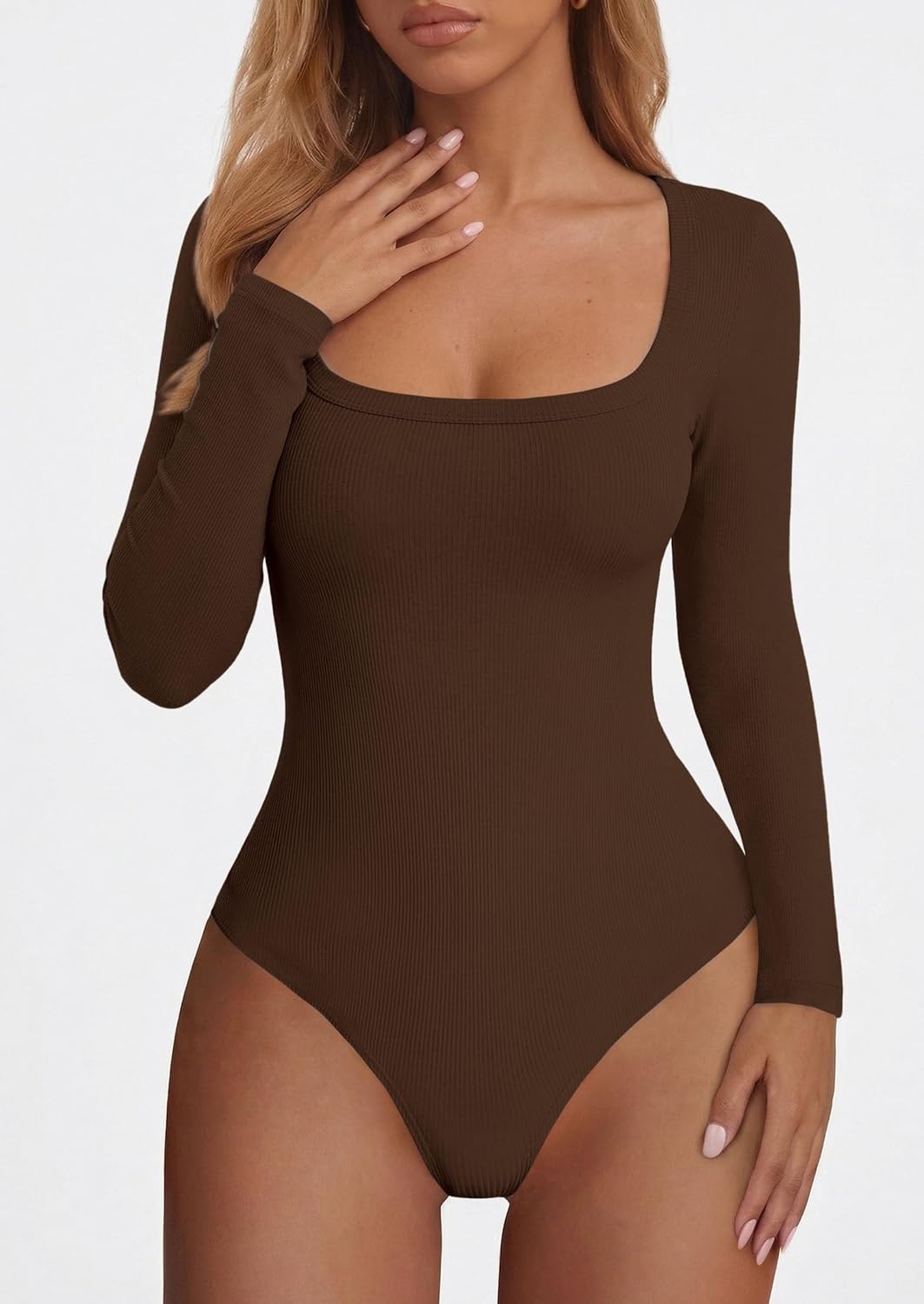 image:imagePRETTYGARDEN Womens Scoop Neck Bodysuits Long Sleeve TopsBrown