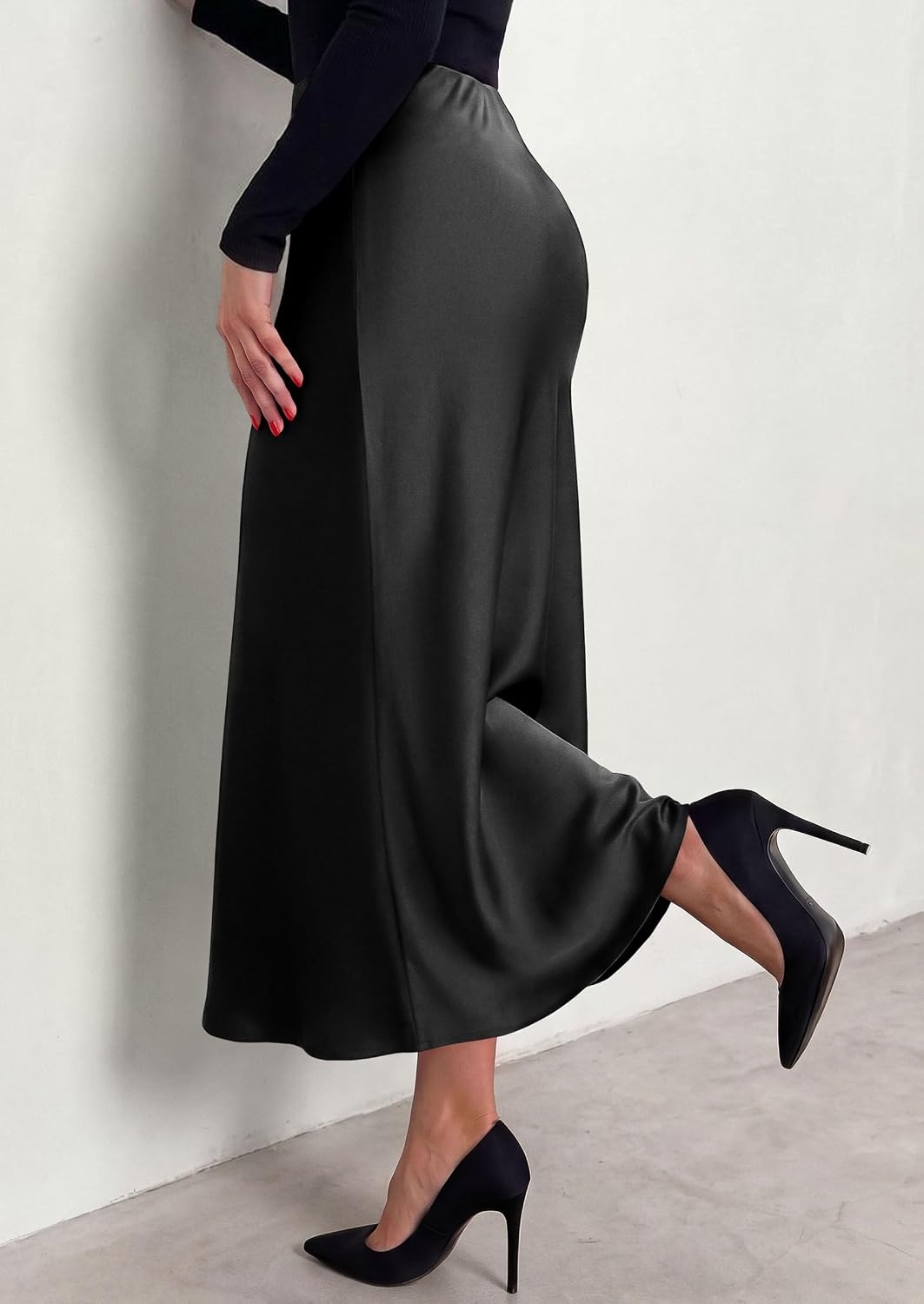 image:imagePRETTYGARDEN Womens Silk Satin Maxi Skirts Fall ClothesBlack