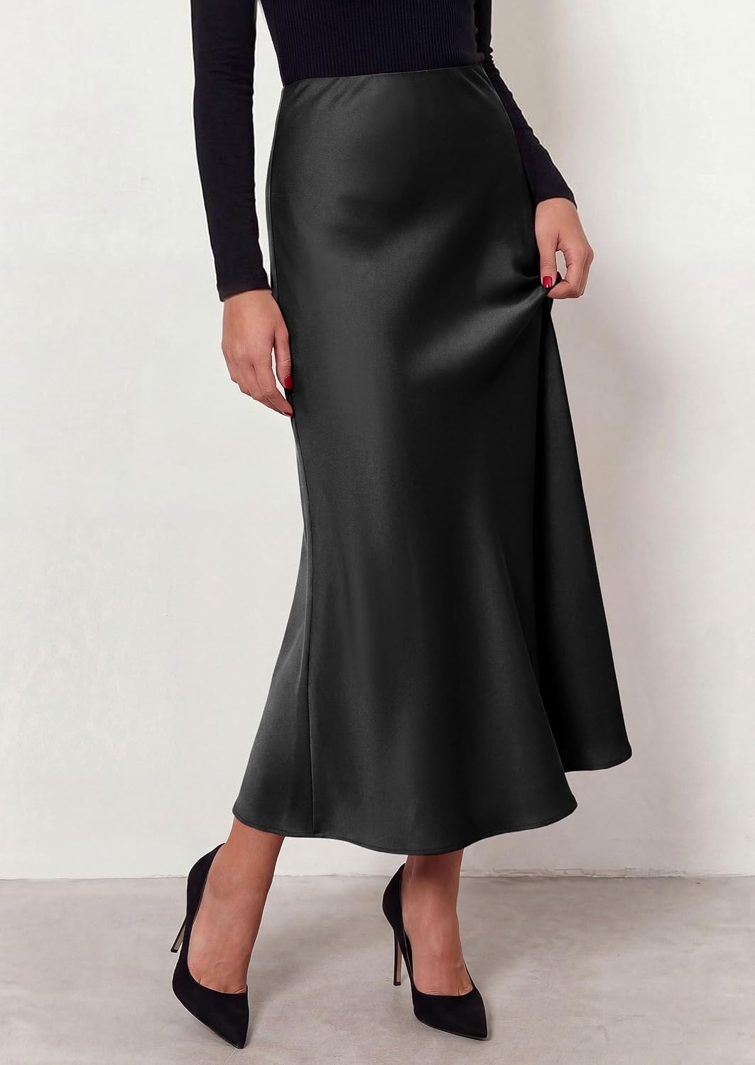 image:imagePRETTYGARDEN Womens Silk Satin Maxi Skirts Fall ClothesBlack