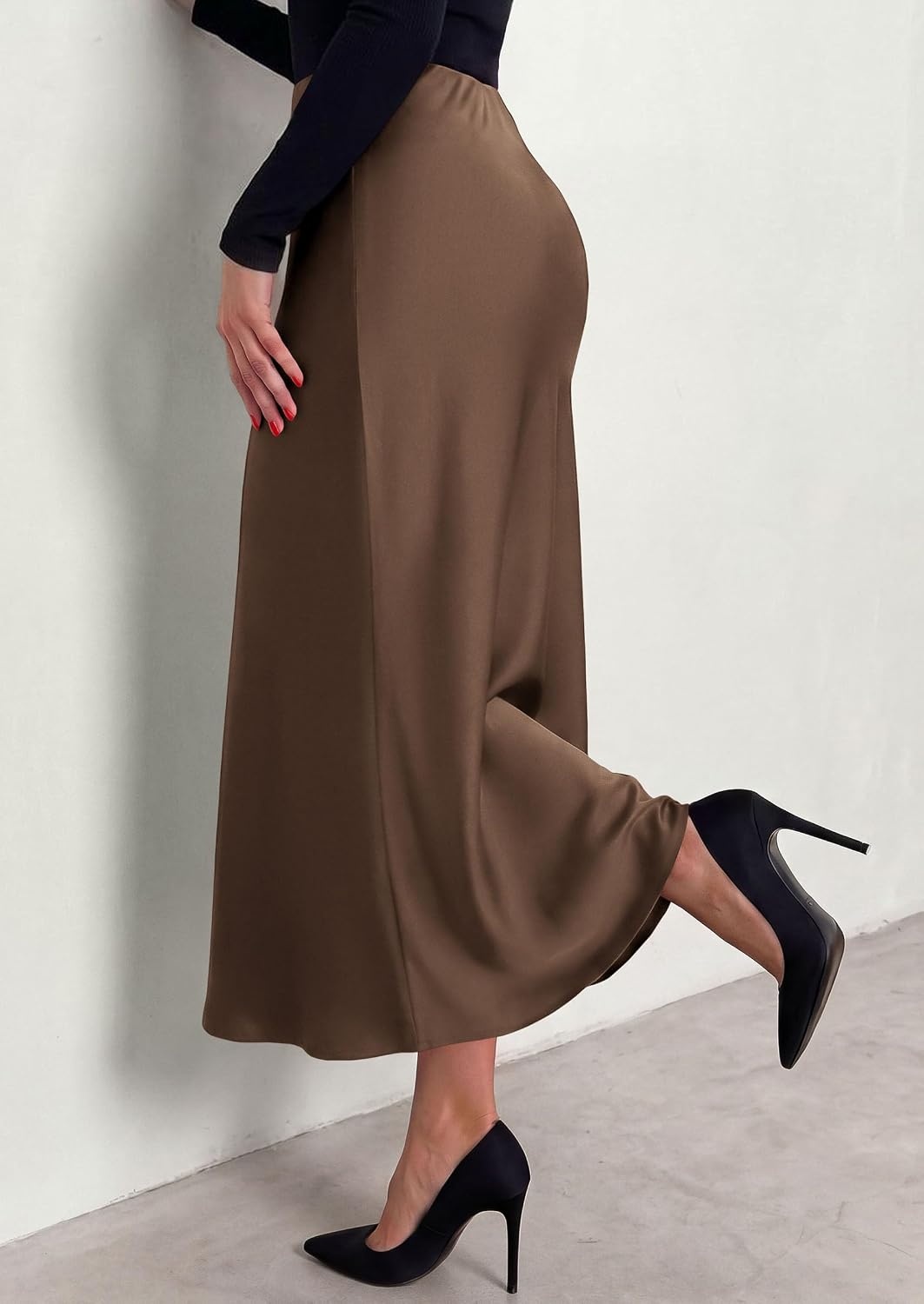 image:imagePRETTYGARDEN Womens Silk Satin Maxi Skirts Fall ClothesBrown