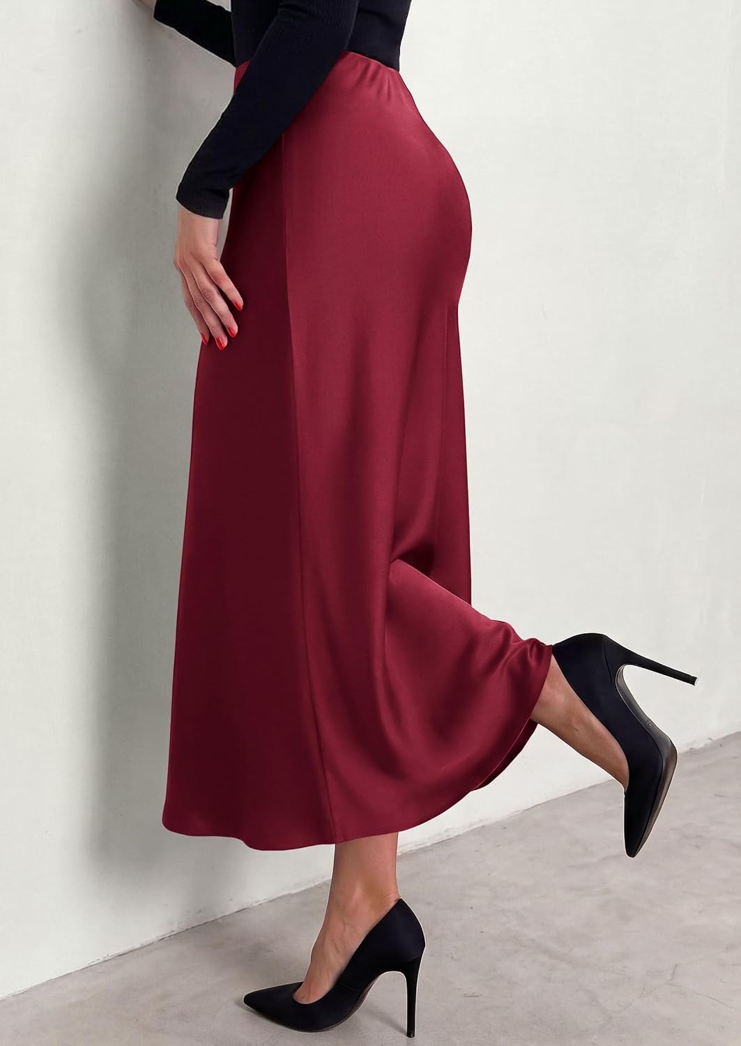 image:imagePRETTYGARDEN Womens Silk Satin Maxi Skirts Fall ClothesBurgundy