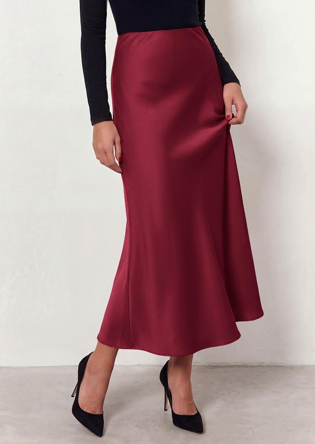 image:imagePRETTYGARDEN Womens Silk Satin Maxi Skirts Fall ClothesBurgundy