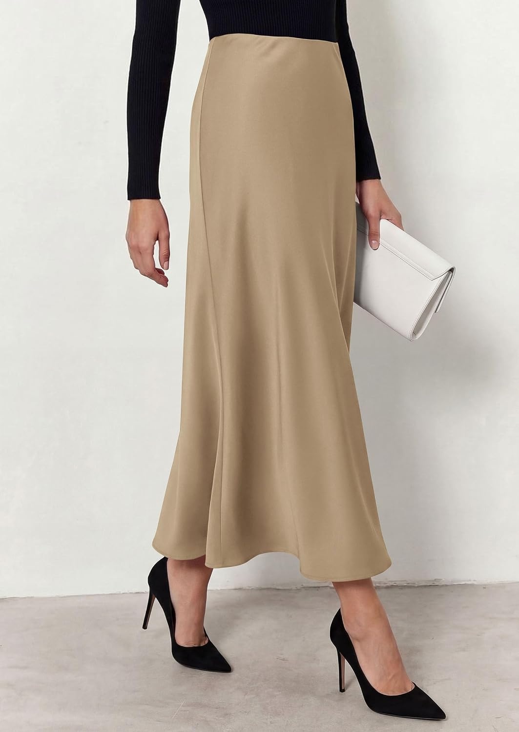 image:imagePRETTYGARDEN Womens Silk Satin Maxi Skirts Fall ClothesKhaki