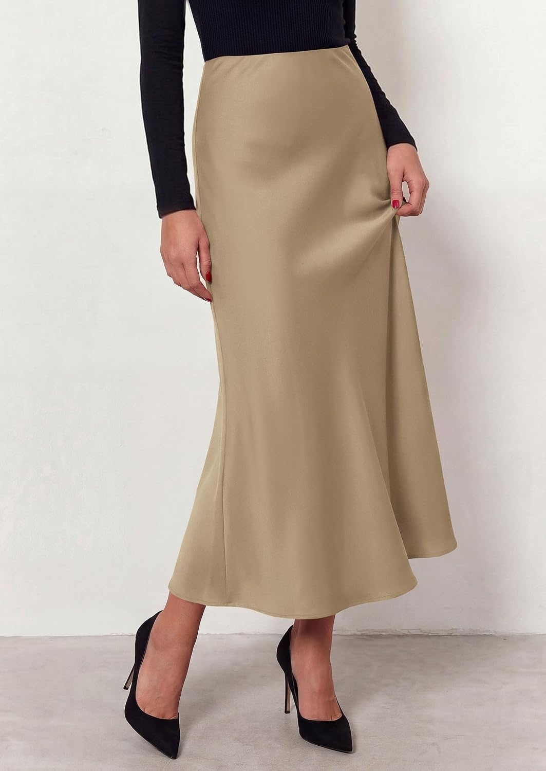 image:imagePRETTYGARDEN Womens Silk Satin Maxi Skirts Fall ClothesKhaki