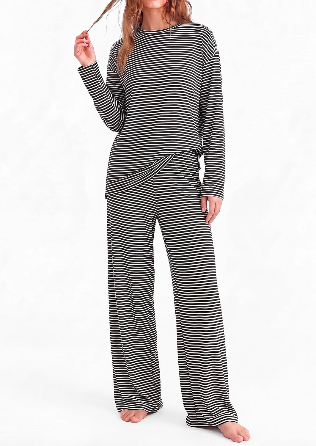 image:imagePRETTYGARDEN Womens Striped Lounge Set Fall Winter 2 Piece SetsStriped Black White