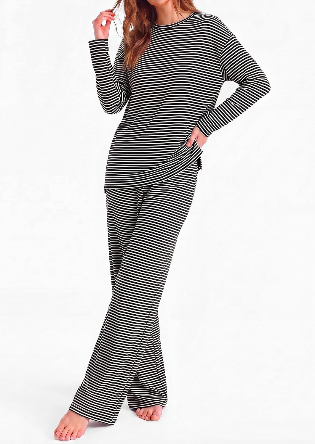 image:imagePRETTYGARDEN Womens Striped Lounge Set Fall Winter 2 Piece SetsStriped Black White