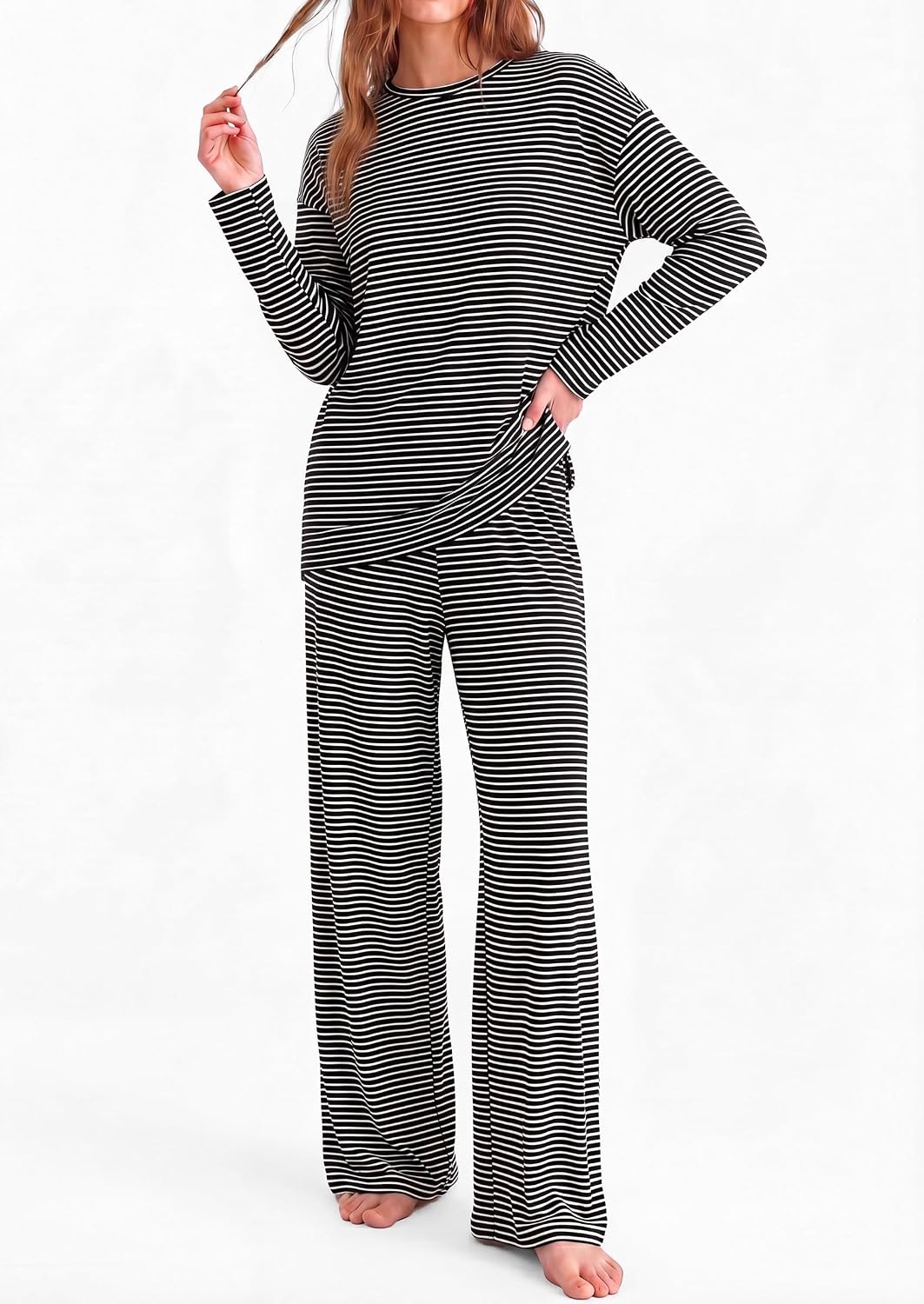 image:imagePRETTYGARDEN Womens Striped Lounge Set Fall Winter 2 Piece SetsStriped Black White