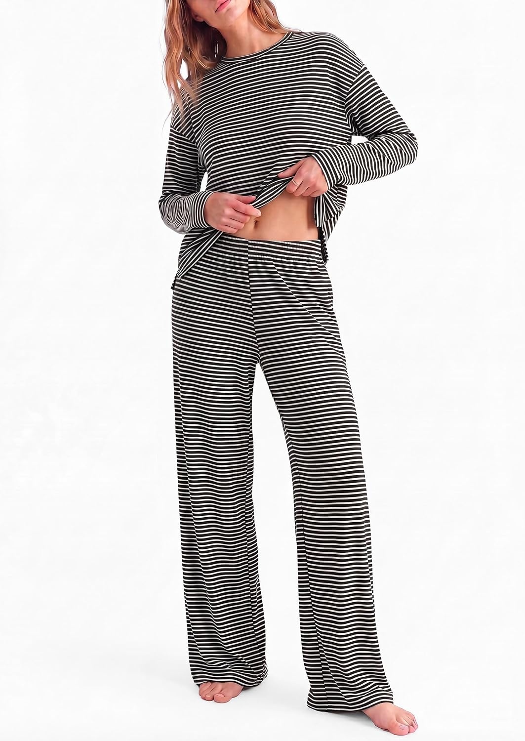 image:imagePRETTYGARDEN Womens Striped Lounge Set Fall Winter 2 Piece SetsStriped Black White
