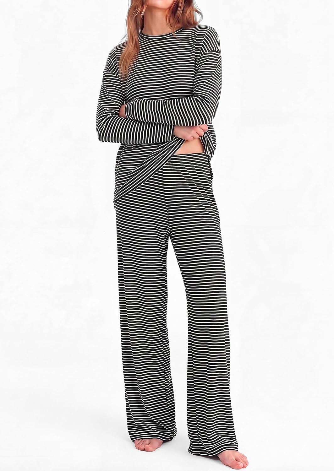 image:imagePRETTYGARDEN Womens Striped Lounge Set Fall Winter 2 Piece SetsStriped Black White